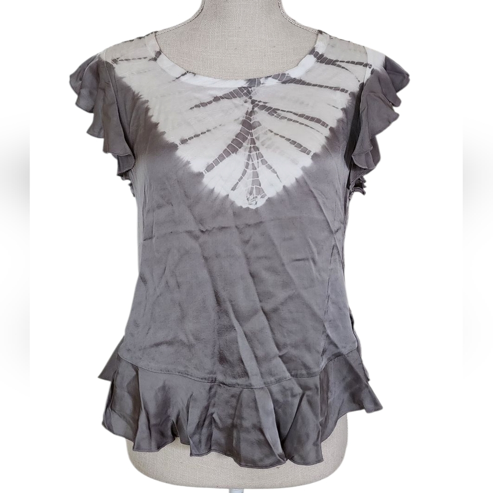 Chaser Tie-Dye Silky Satiny Gray Ruffled Cap Sleeve Blouse Size Small